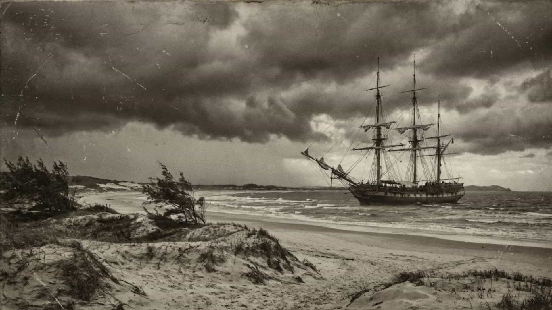 "Representação artística antiga em tom sépia do navio inglês Phoenix encalhado na Praia do Barco, Capão da Canoa, em 1840, sob um céu tempestuoso."